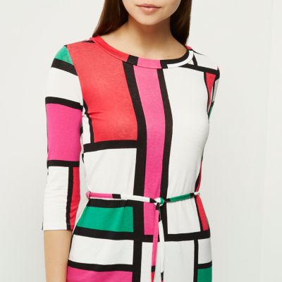 White colour block jersey belted tunic